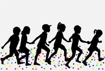 Silhouettes of children on the run. Conceptual black silhouettes.