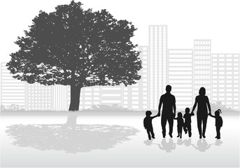 Family silhouettes in nature.  Vector families with a child.