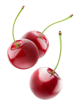 Isolated cherries floating in the air