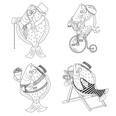 cartoon black and white flat fish illustration set