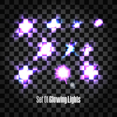 Set Of Glowing Lights Effects Isolated On Transparent Background. Glowing Lights, Lens Flares, Rays, Stars, Sparkles And Bokeh. Vector Illustration