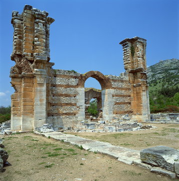 Ruins of gateway and wall in the town built for Octavia over the assassins of Julius Caesar in 42 BC, at Philippi (Filipi), Greece