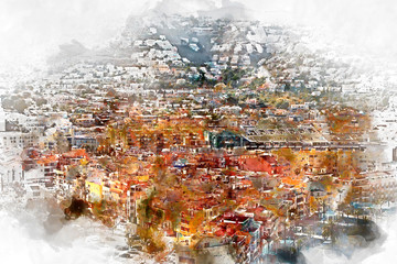 Digital watercolor painting of Peniscola. Italy