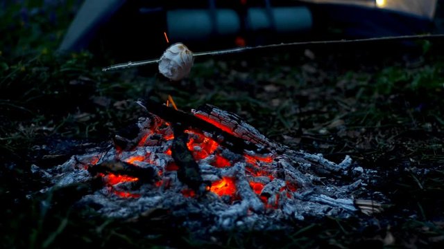 Tourist roast marshmallows over the campfire.