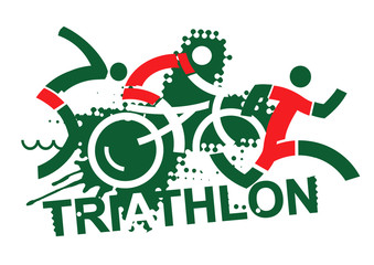 Fototapeta premium Triathlon race. Three triathlon athletes on the grunge background with inscription triathlon. Vector available. 