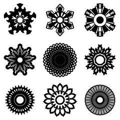 Set of decorative design elements isolated on white background.  Flowers, snowflakes, abstract floral pattern, stars, sun. Vector logo, emblem, sign, stick figures. Floral ornament. Design template