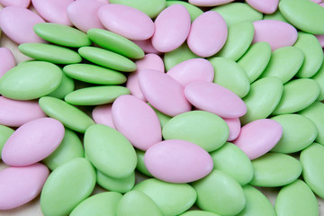 Green and light pink coated chocolate, Easter sugar