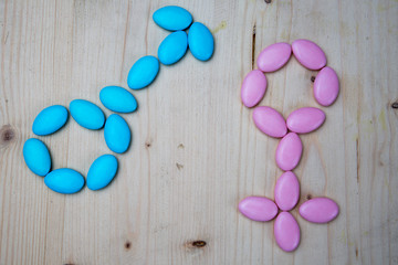 Symbol of woman and man made from candy chocolate isolated