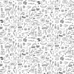 Seamless background hand drawn doodle BBQ party icons set Vector illustration summer barbecue symbols collection Cartoon various meals, drinks, ingredients and decoration elements on white background