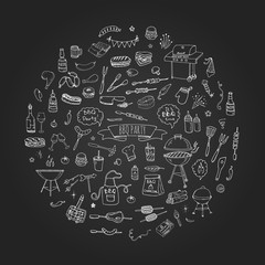 Hand drawn doodle BBQ party icons set Vector illustration summer barbecue symbols collection Cartoon various meals, drinks, ingredients and decoration elements on white background Sketch