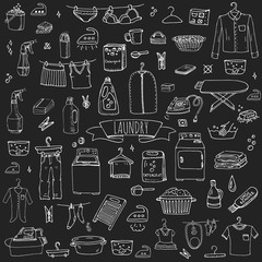 Hand drawn doodle Laundry set Vector illustration washing icons Laundry concept elements Cleaning business symbols collection Housework Equipment and facilities for washing, drying and ironing clothes
