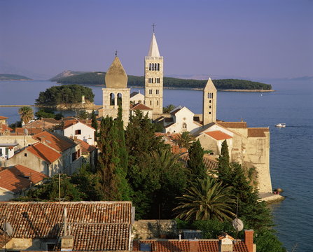 Elevated view of the medieval Rab Bell Towers and town, Rab Town, Rab Island, Dalmatia, Dalmatian coast, Croatia