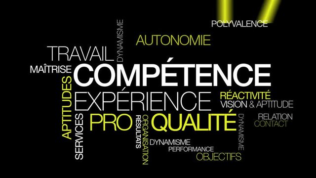 Comp&eacute;tence exp&eacute;rience qualit&eacute; nuage de mots texte jaune animation 