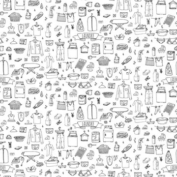 Seamless background hand drawn doodle Laundry set Vector illustration washing icons Laundry concept elements Cleaning business symbols Equipment and facilities for washing, drying and ironing clothes