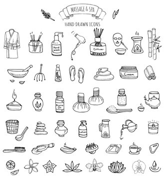 Hand drawn doodle Massage and Spa icons set Vector illustration relaxing symbols collection Cartoon beauty care concept elements health care Wellness treatment Body massage Lifestyle Skin care Spa