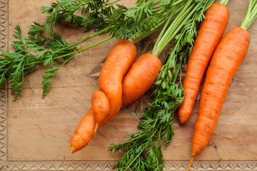 Verliebte Möhren, Karotten biologisch, regional mit Blattgrün auf Holzbrett - 113039415