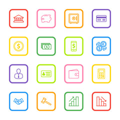 colorful line business commercial and finance icon set with rounded rectangle frame for web design, user interface (UI), infographic and mobile application (apps)