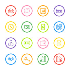 colorful line business commercial and finance icon set with circle frame for web design, user interface (UI), infographic and mobile application (apps)