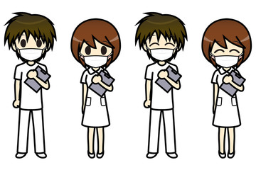 シンプルキャラクター　会話・表情イラスト集　看護師（マスク）　男女　直立ポーズ