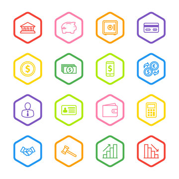 colorful line business commercial and finance icon set with hexagon frame for web design, user interface (UI), infographic and mobile application (apps)