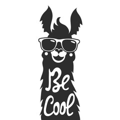 Vector illustration with stylish llama animal in sunglasses. Be cool - lettering quote.