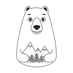 Vector illustration with cute white bear holding pine trees and mountains.