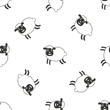 Funny vector seamless pattern with smiley face sheeps