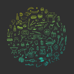 Hand drawn doodle BBQ party icons set Vector illustration summer barbecue symbols collection Cartoon various meals, drinks, ingredients and decoration elements on white background Sketch