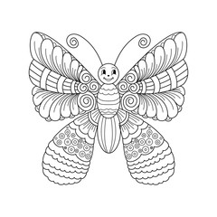 Cute cartoon butterfly with ornament. Background, cover. Design for coloring page