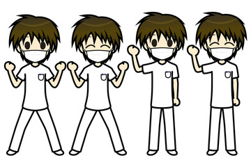 シンプルキャラクター　会話・表情イラスト集　看護師（マスク）　男性　ガッツポーズ2