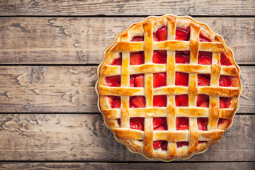 Strawberry pie cake pastry sweet traditional food on vintage wooden background
