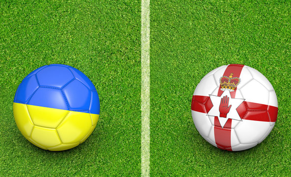 Team balls for Ukraine vs Northern Ireland football tournament match, 3D rendering