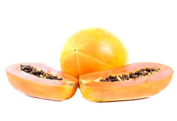 Papaya slices on white background