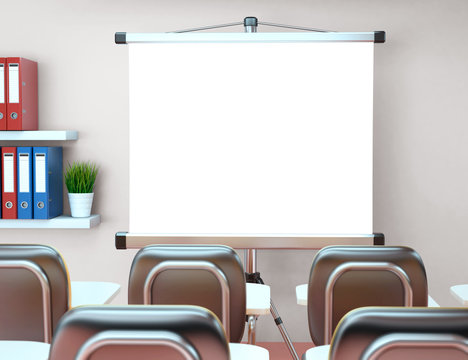 3D Workshop with blank projector screen. Office. Mockup