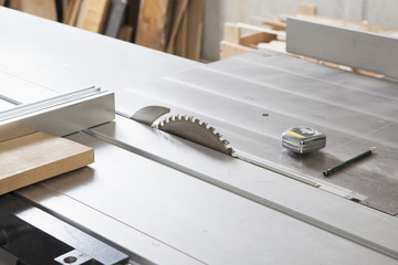 High angle view of sliding table saw in workshop