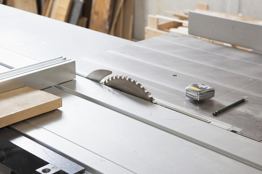 High angle view of sliding table saw in workshop