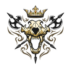 Skull of a lion crown heraldic emblem.