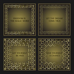 Naklejka premium Set of four decorative calligraphic frames. Collection of square design templates. Golden outline decor.Mono line vector illustration.