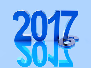 2017 New Year concept. 2016 changed to 2017 on blue background with reflection. 3D illustration 