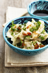Chinese dumplings with fried onion and soy sauce