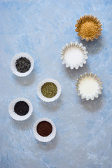 Ingredients to prepare hot drink: black, green and herbal teas, grounded coffee, white and brown sugar and milk