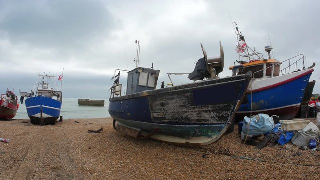 Fish eye view of fishing boats on the beach at Hastings, England