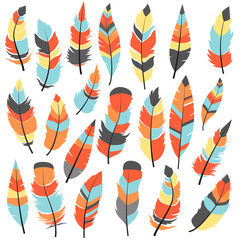 Vector Set of Ethnic feathers. Hand Drawn Tribal Feathers. Decorative zentangle feathers. Vintage colored Feathers.