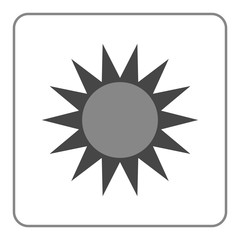 Sun icon. Light sign with sunbeams. Black design element, isolated on white background. Symbol of sunrise, heat, sunny and sunset, sunlight. Flat modern style for weather forecast. Vector Illustration