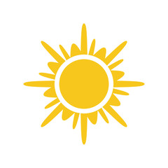 Sun icon. Light sign with sunbeams. Yellow design element, isolated on white background. Symbol of sunrise, heat, sunny and sunset, sunlight. Flat modern style for weather forecast Vector Illustration
