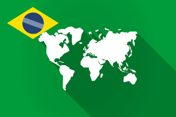 Long shadow Brazil flag with a world map