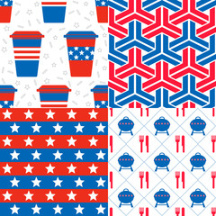 USA Patterns - Collection of 4 American patriotic seamless patterns in red, blue and white inspired on a 4th of July BBQ.