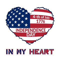 American flag as heart shaped symbol for 4th of July, Independence Day celebration. Patriotic love Typography Graphics. Fashion Print for sportswear apparel, t shirt, card, banner. Vector illustration