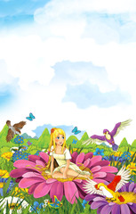Fototapeta na wymiar Cartoon scene of a elf princes or elf queen sitting on the meadow - illustration for children