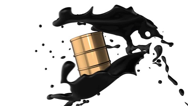Abstract looped animated background: Rotation of 3d golden barrel of petroleum with black oil splash and drops of black oil on the white background. 4k. Seamless loop. Alpha matte.
